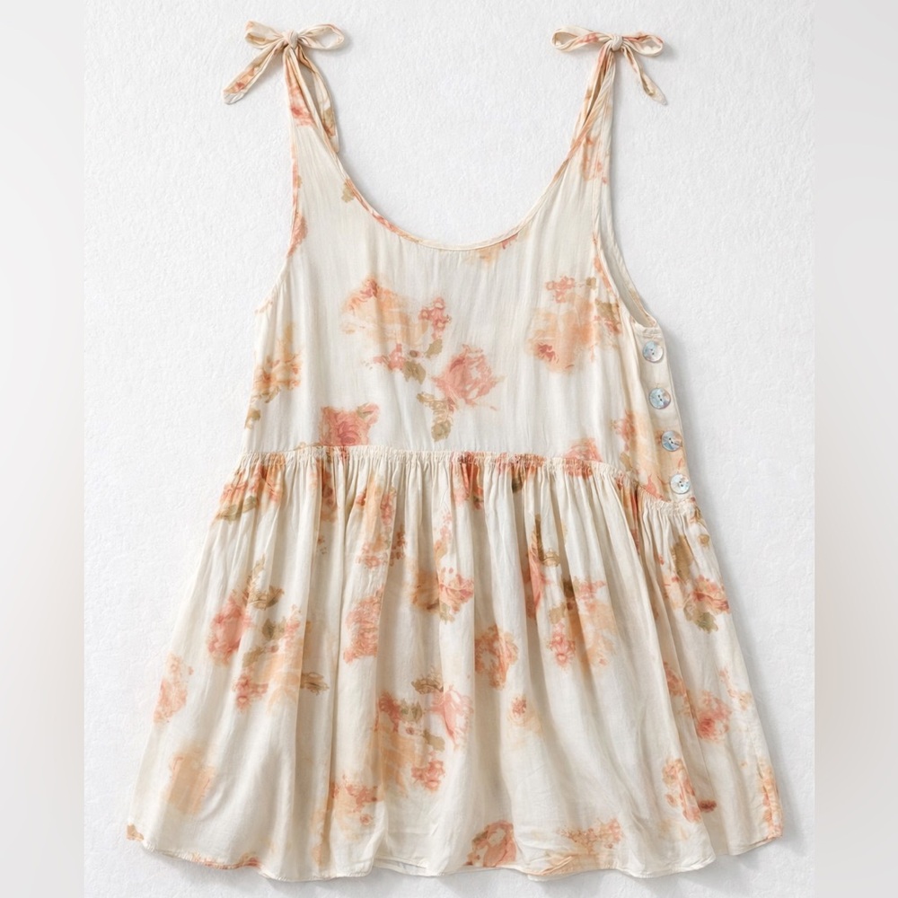 UO Kimchi Blue Shirley Babydoll Dress Cream Floral Sleeveless Swing, Size M